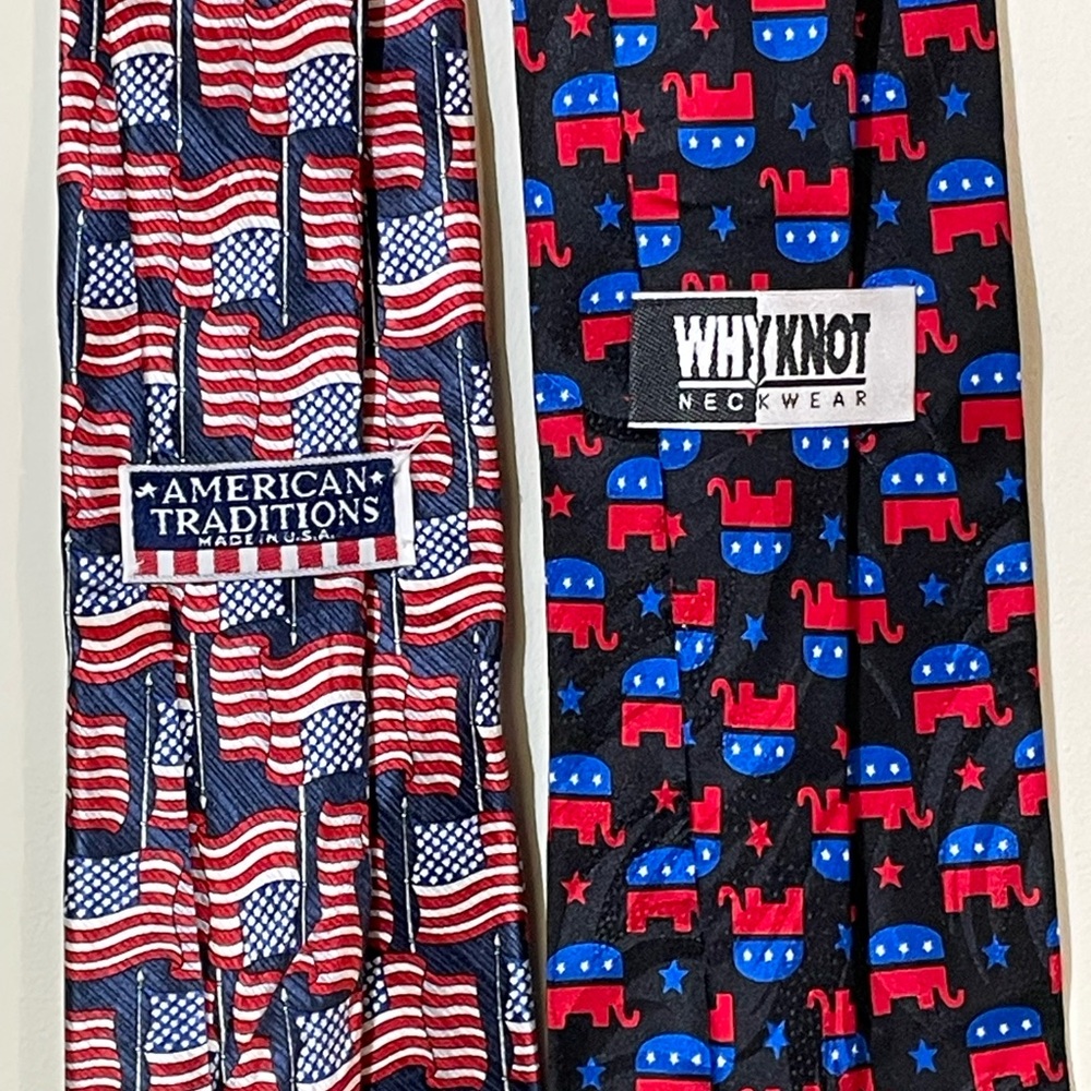 Mens USA Patriotic Necktie 1 USA Flag 1 USA Elephant Republican Party Set of 2